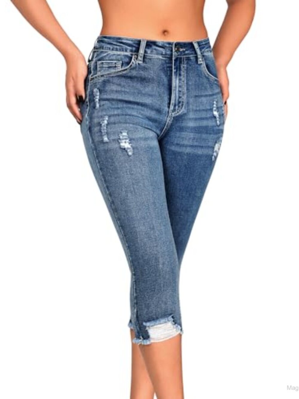 Women's Mid Rise Skinny Capri Jeans, Ripped Distressed Stretch Denim
